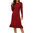 thumbnail image 1 of QSAWXQZ Women's Ribbed Sweater Dress Long Sleeve Crewneck Solid Knee Length Ruffle Bodycon Midi Dress Wine S, 1 of 3