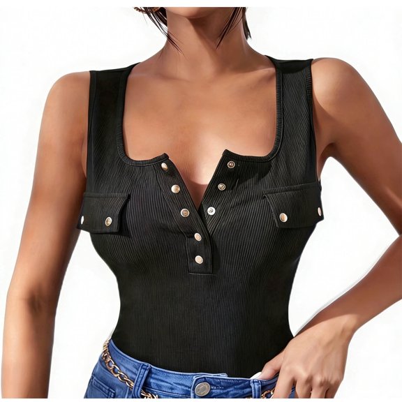 QSAWXQZ Women's Ribbed Tank Top Quarter Button Front Square Neck Solid Sleeveless Slim Fashion Blouse XL