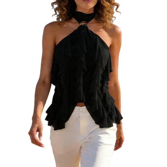 QSAWXQZ Women's Ruffle Tiered Halter Tank Top Mesh Chiffon Layered Sleeveless Solid Flowy Beach Blouse for Vacation M