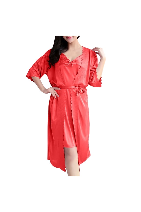 Women's Satin 2 Piece Robe Set Lace Trim 3/4 Sleeveless Bathrobe with Belt and Midi Nightgown Loungewear Red Free Size
