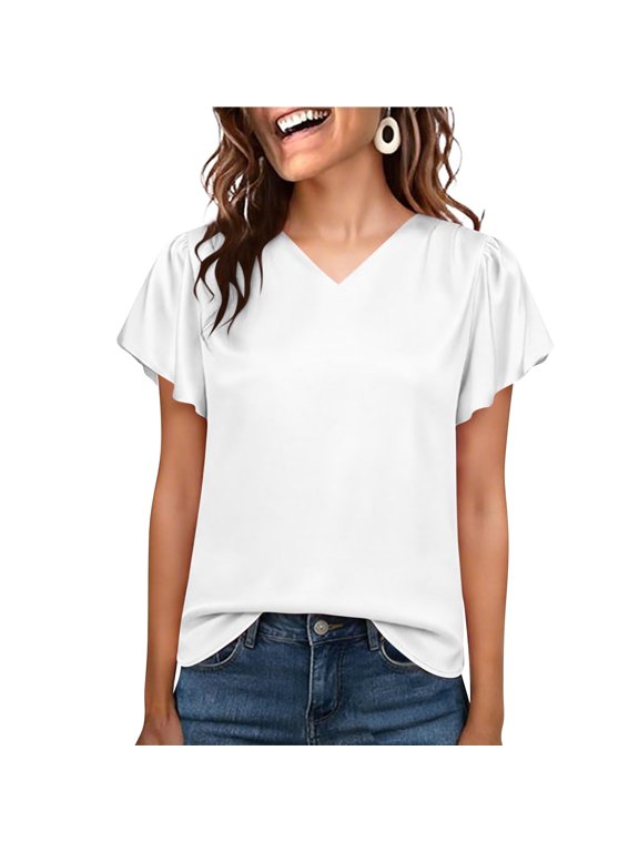 Women's Satin Blouse Flutter Short Sleeve V Neck Silky Solid Elegant Top Loose Dressy Tunic Shirt for Summer White XL