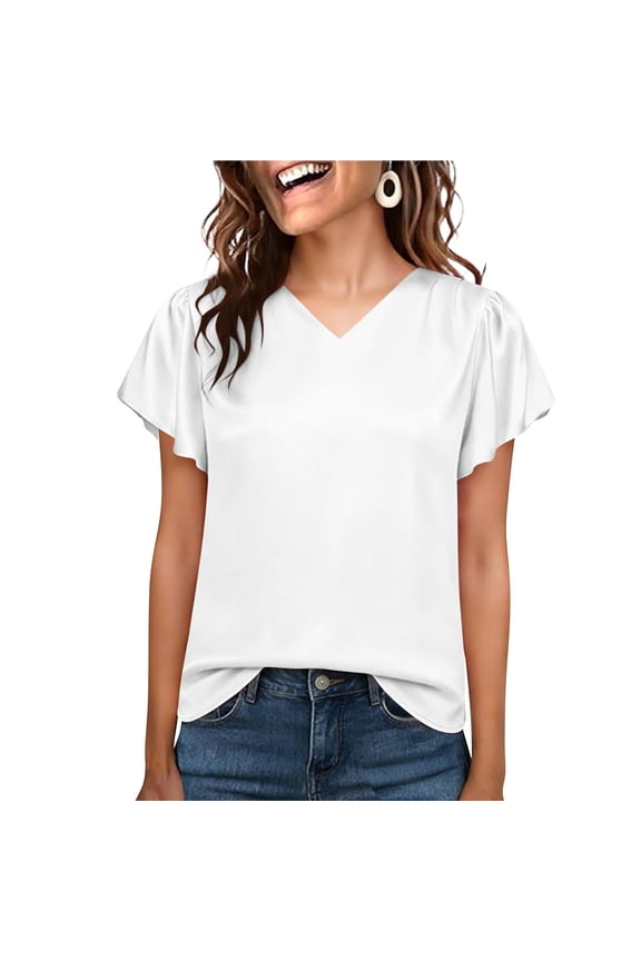 Women's Satin Blouse Flutter Short Sleeve V Neck Silky Solid Elegant Top Loose Dressy Tunic Shirt for Summer White XL