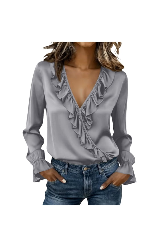 Women's Satin Blouse V Neck Ruffle Long Flounce Sleeve Wrap Tunic Top Gray S