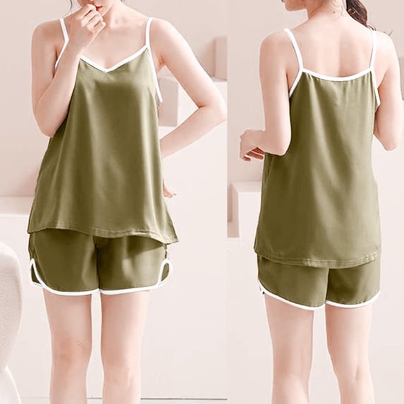 QSAWXQZ Women's Satin Cami Pajama Set Sleeveless V Neck Top and Shorts with Contrast Trim Silk Like 2 Piece Sleepwear Khaki XL