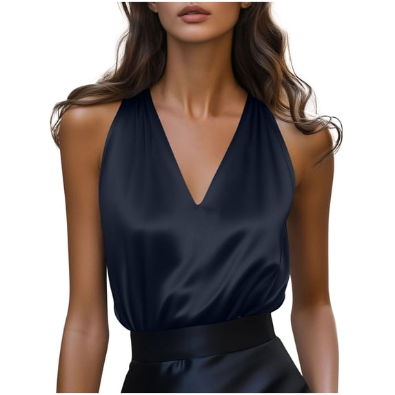 QSAWXQZ Women's Satin Elegant Tank Top V Neck Sleeveless Solid Silky Camisole for Formal Occasions and Night Out Navy XL