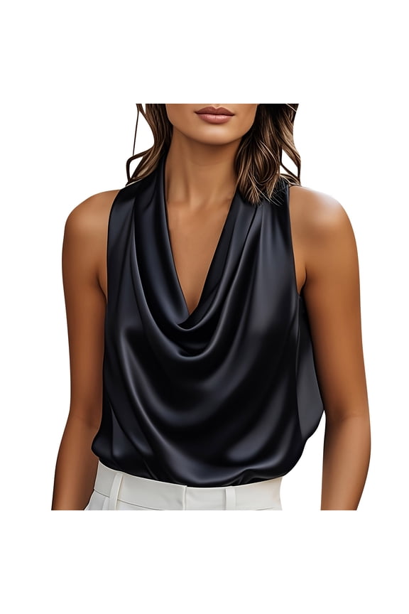 Women's Satin Tank Top Sleeveless Cowl Neck Solid Pullover Dressy Blouse Black S
