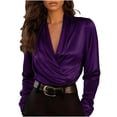 thumbnail image 1 of QSAWXQZ Women's Satin V Neck Blouses Long Sleeve Wrap Stretch Silk Office Work Shirts Purple 2XL, 1 of 6