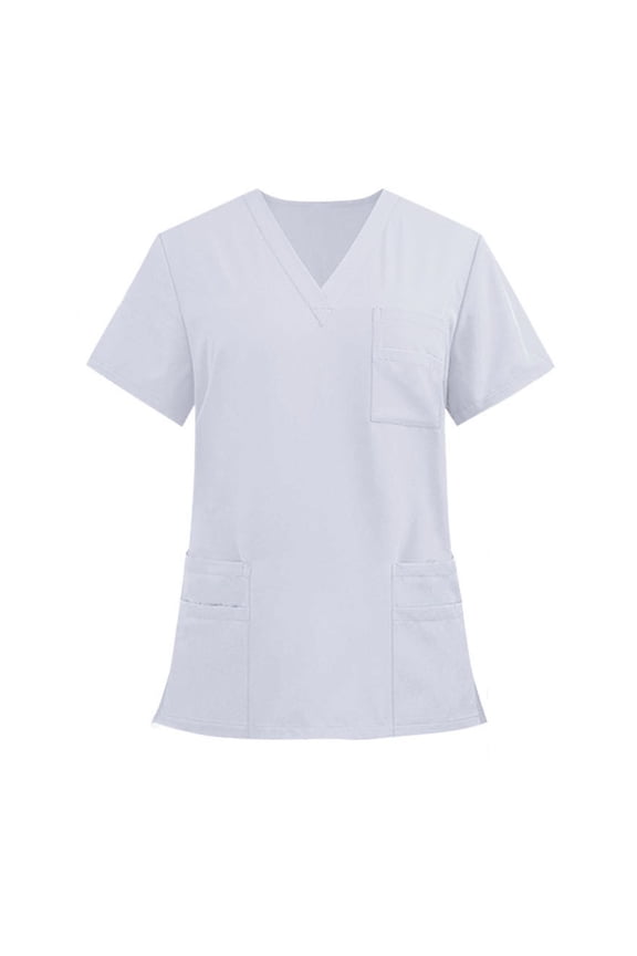 Women's Scrub Top Short Sleeve V Neck Stretchy Solid Medical Uniform Pullover Workwear with Pockets for Summer White M