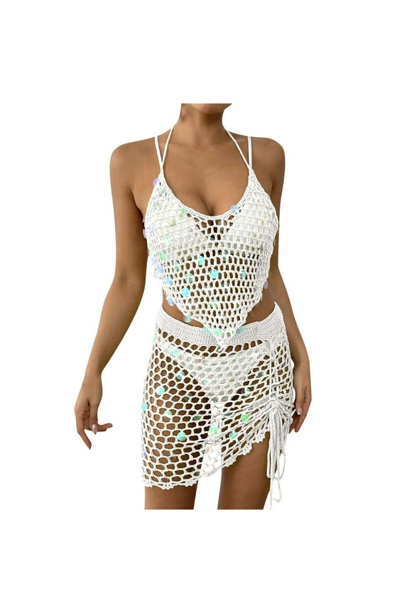 Women's Sequin 2 Piece Beach Cover Up Set Neck Strap Crop Top Mini Skirt Sparkle Swimwear Outfit White Free Size