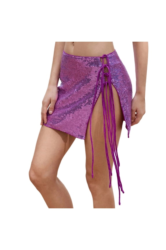 Women's Sequin Beach Cover Up Skirt Side Sparkle Mini Wrap Skirt for Swimwear Purple M