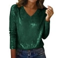 thumbnail image 1 of QSAWXQZ Women's Sequin Blouse Solid Long Sleeve V Neck Party Pullover Top Green XL, 1 of 6