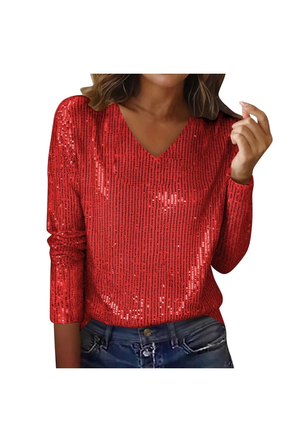 Women's Sequin Blouse Solid Long Sleeve V Neck Party Pullover Top Red 2XL