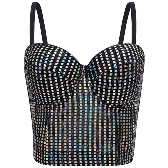 QSAWXQZ Women's Sequin Bustier Corset Top Underwire Push Up Padded Cups Boned Adjustable Spaghetti Straps Sleeveless Crop Tank for Night Out Party 34