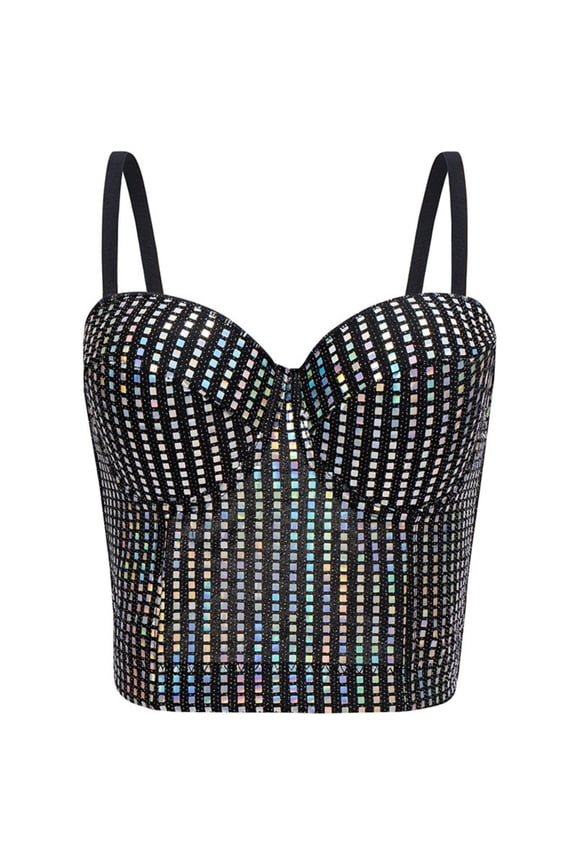 Women's Sequin Bustier Corset Top Underwire Push Up Padded Cups Boned Adjustable Spaghetti Straps Sleeveless Crop Tank for Night Out Party 34