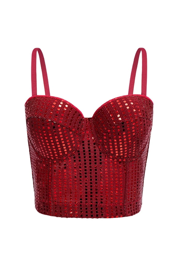 Women's Sequin Bustier Corset Top Underwire Push Up Padded Cups Boned Adjustable Spaghetti Straps Sleeveless Crop Tank for Night Out Party 36
