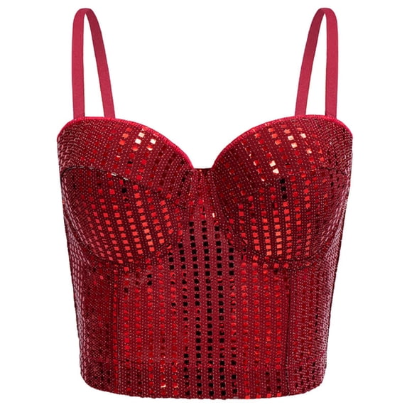 QSAWXQZ Women's Sequin Bustier Corset Top Underwire Push Up Padded Cups Boned Adjustable Spaghetti Straps Sleeveless Crop Tank for Night Out Party 38