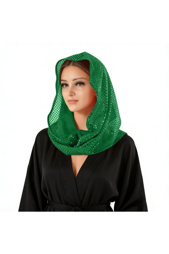 Women's Sequin Mesh Head Scarf Sparkly Full Coverage Turban Hat Hood for Nightclub Party Dance and Festival Costumes Green Free Size