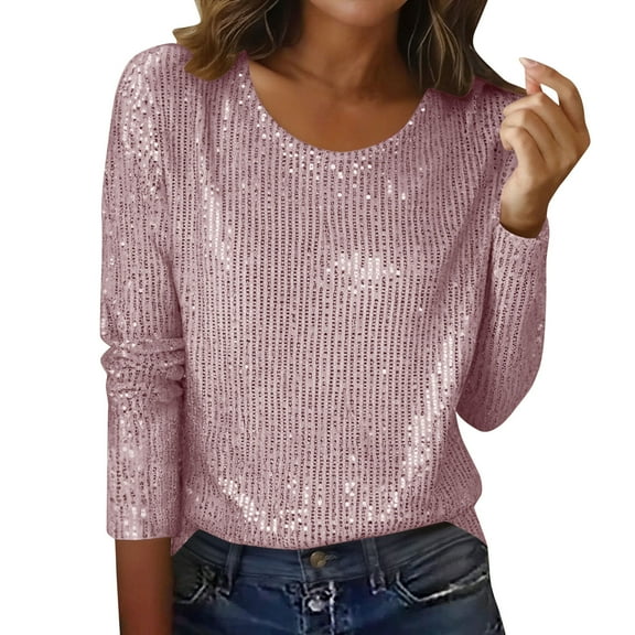 QSAWXQZ Women's Sequin Solid Blouse Long Sleeve Crewneck Party Pullover Top Pink 2XL