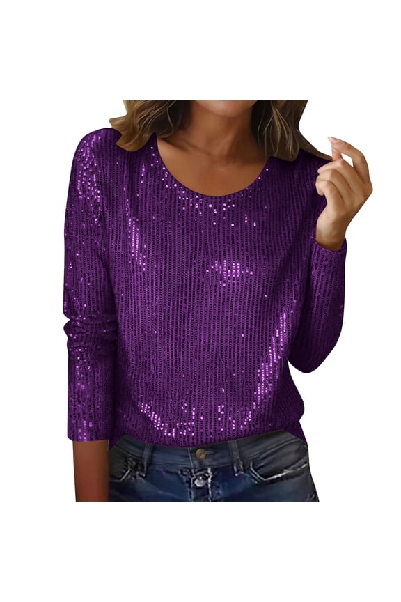 Women's Sequin Solid Blouse Long Sleeve Crewneck Party Pullover Top Purple 2XL