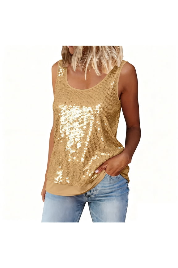 Women's Sequin Tank Tops Sleeveless Glitter Party Crewneck Solid Pullover Tunic Vest Top Gold S