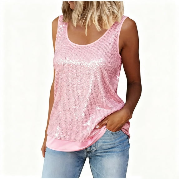 QSAWXQZ Women's Sequin Tank Tops Sleeveless Glitter Party Crewneck Solid Pullover Tunic Vest Top Pink M