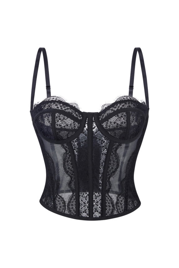 Women's Sheer Lace Bustier Tank Top Underwire Boned Spaghetti Strap Sleeveless Back Hook and Eye Sweetheart Neck Corset for Lingerie Outfits M