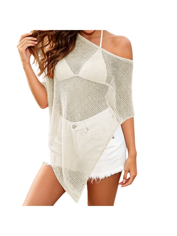 Women's Sheer Shawl Asymmetric Knit Cover up Poncho Hollow Out 3/4 Sleeve One Shoulder Lightweight for Beach Free Size