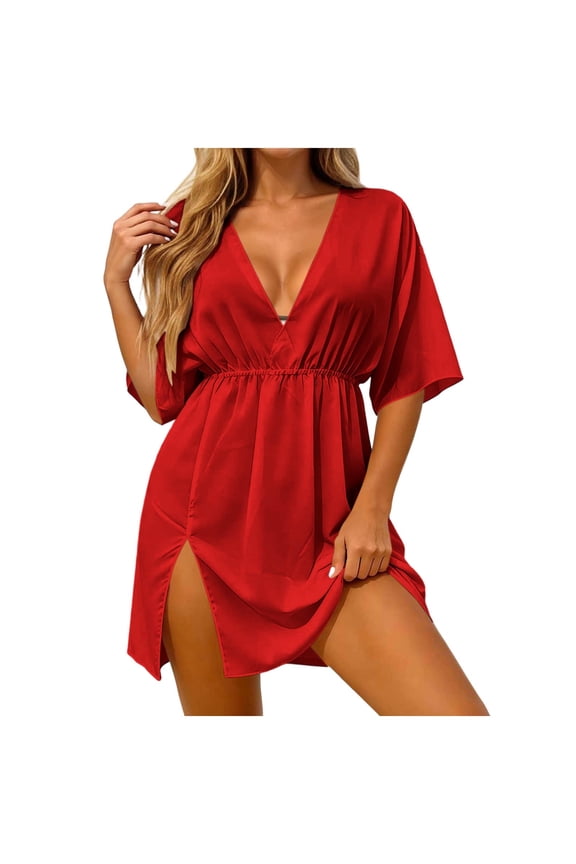 Women's Side Slit Mini Dress V Neck Flutter Short Sleeves Elastic Cinched Waist Casual Dress Ruched Lightweight Sundress for Casual 2XL