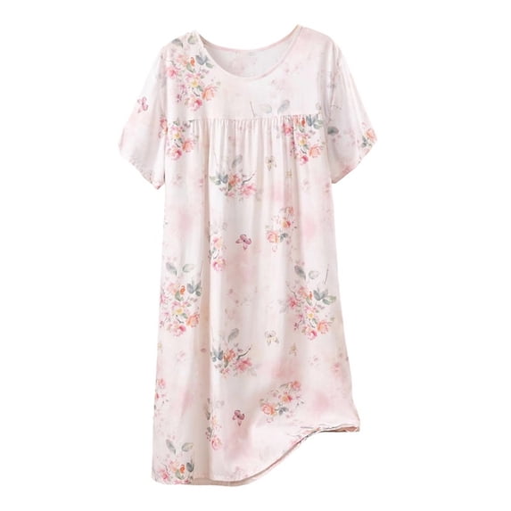 QSAWXQZ Women's Sleep Dress Nightgown Crew Neck Short Sleeve Loose Floral Printed Lounge for Home Free Size