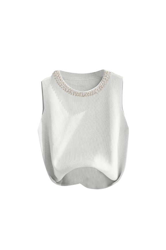 Women's Sleeveless Knit Tank Elegant Pearl Beaded Crew Neck Slim Summer Inner Blouse White Free Size