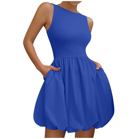 QSAWXQZ Women's Mini Dress Crew Neck Casual Summer Bubble Dress with Pockets L