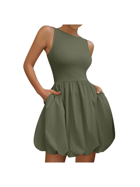 Women's Mini Dress Crew Neck Casual Summer Bubble Dress with Pockets 2XL