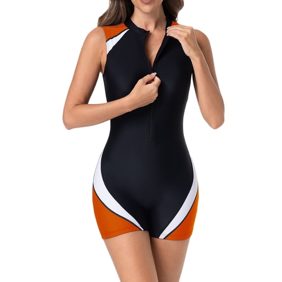 QSAWXQZ Women's Sleeveless One Piece Swimsuit Boyleg Cut Zipper Front Crew Neck Color Block Athletic Bathing Suit for Lap Swimming L