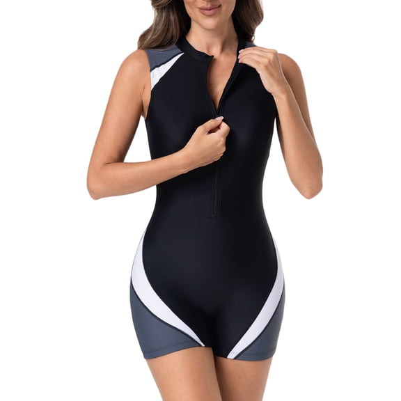 QSAWXQZ Women's Sleeveless One Piece Swimsuit Boyleg Cut Zipper Front Crew Neck Color Block Athletic Bathing Suit for Lap Swimming M