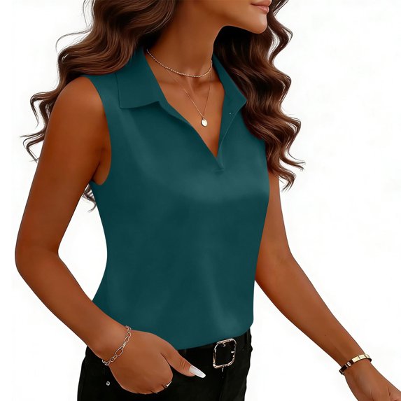 QSAWXQZ Women's Sleeveless Satin Shirt V Neck Lapel Collar Solid Casual Loose Lightweight Summer Activewear Tank Top for Golf Tennis Outdoor Green M