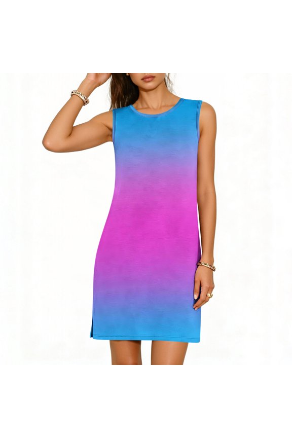 Women's Sleeveless Tank Mini Dress Gradient Color Crew Neck Casual Loose Solid Summer Shift Sundress with Side Slit Daily Beach Wear S