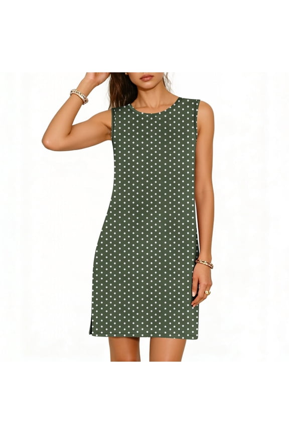 Women's Sleeveless Tank Mini Dress Polka Dot Crew Neck Casual Loose Solid Summer Shift Sundress with Side Slit Daily Beach Wear L