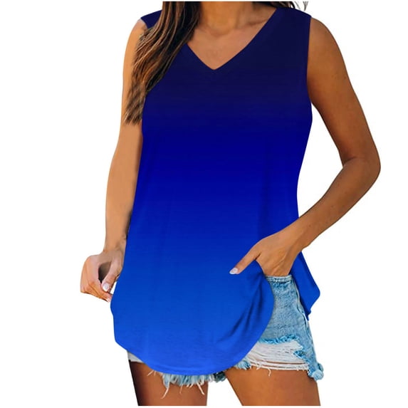 QSAWXQZ Women's Sleeveless V Neck Tank Top Gradient Color Casual Loose Summer Cami Oversized Flowy Tunic Top L