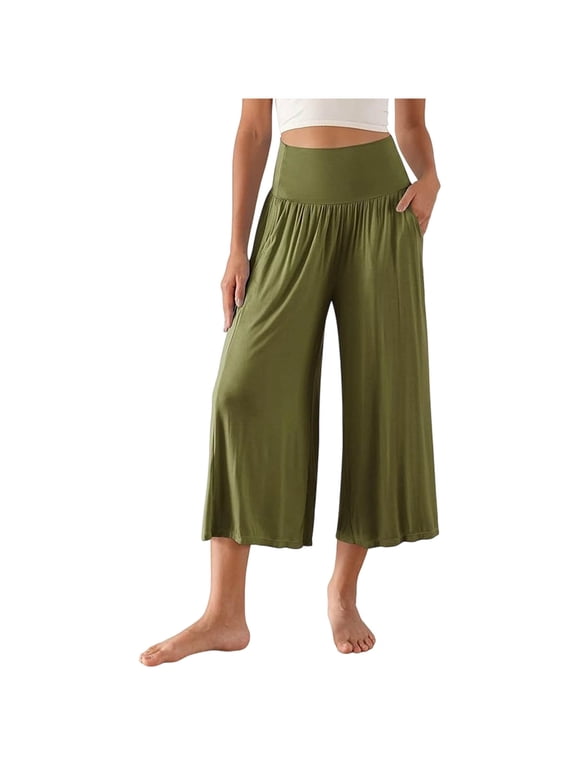 Women's Soft Pajama Capri Pants High Waisted Elastic Waist Wide Leg Lounge Sleep Bottoms with Pockets S