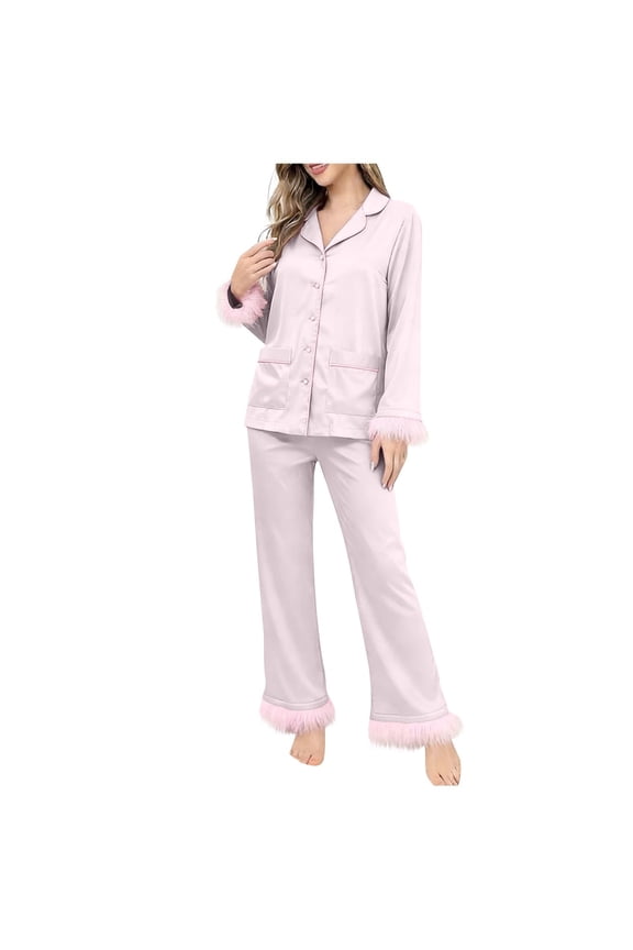Women's Solid 2 Piece Satin Pajama Set Faux Fur Trim Long Sleeve Button Down Lapel Shirt Elastic Waist Pants Sleepwear Loungewear Set with Pockets S