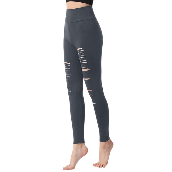 QSAWXQZ Women's Ripped Solid Plus Size Yoga Pants Full Length High Waist Breathable Running Leggings Gray-1 M