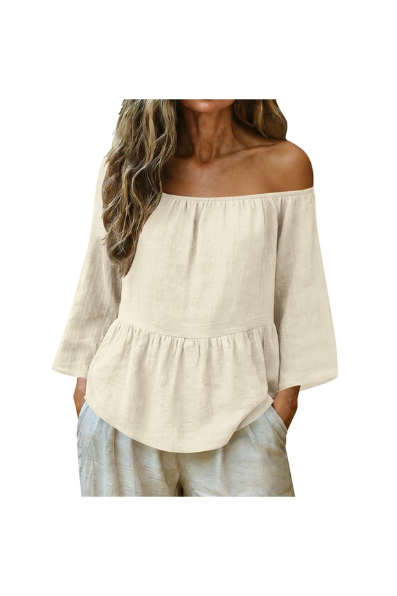 Women's Solid Peplum Tunic Top 3/4 Sleeve Ruffle Hem Boat Neck Cotton Linen Pullover Blouse for Summer Beige S