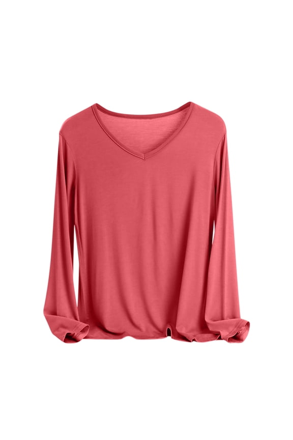 Women's Solid Thermal Base Layer Shirt V Neck Long Sleeve Pullover Top Red L