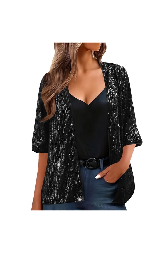Women's Sparkly Sequin Cardigan Open Front 3/4 Sleeve Shimmer Jacket Evening Party Clubwear Coat Outerwear M