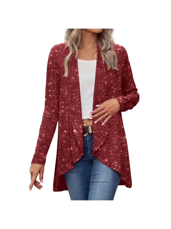 Women's Sparkly Sequin Cardigan Open Front Long Sleeve Shimmer Jacket Evening Party Clubwear Coat Outerwear S
