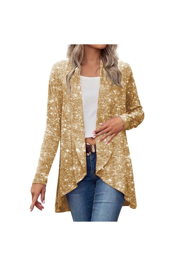 Women's Sparkly Sequin Cardigan Open Front Long Sleeve Shimmer Jacket Evening Party Clubwear Coat Outerwear XL