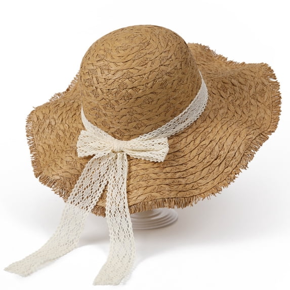 QSAWXQZ Women's Straw Sun Hat Wide Brim Bow Ribbon Beach Hat for Vacation Free Size