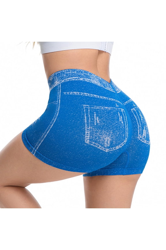 Women's Stretchy Faux Denim Shorts Butt Lifting Graphic Seamless Yoga Jegging Beach Boy Shorts Sky Blue S
