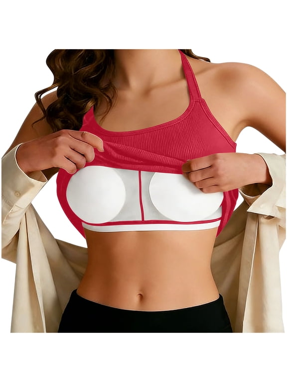 Women's Stretchy Tank Top with Built-in Bra Supportive Sleeveless Halter Neck Solid Pullover Camisole for Yoga Red M
