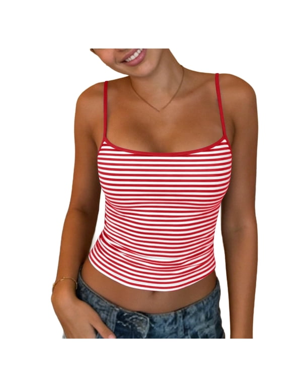 Women's Striped Camisole Slim Scoop Neck Spaghetti Adjustable Strap Sleeveless Ribbed Knitting Stretchy Summer Casual Layering Crop Tank Top Red S